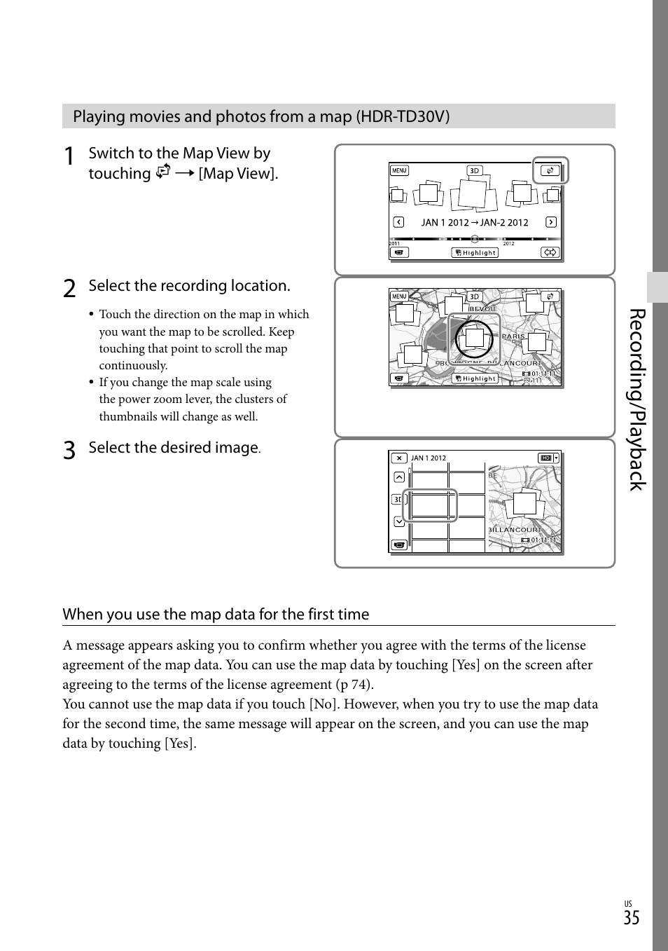 Playing movies and photos from a map (hdr-td30v), Rec or ding/p la yback | Sony HDR-TD30V User Manual | Page 35 / 84