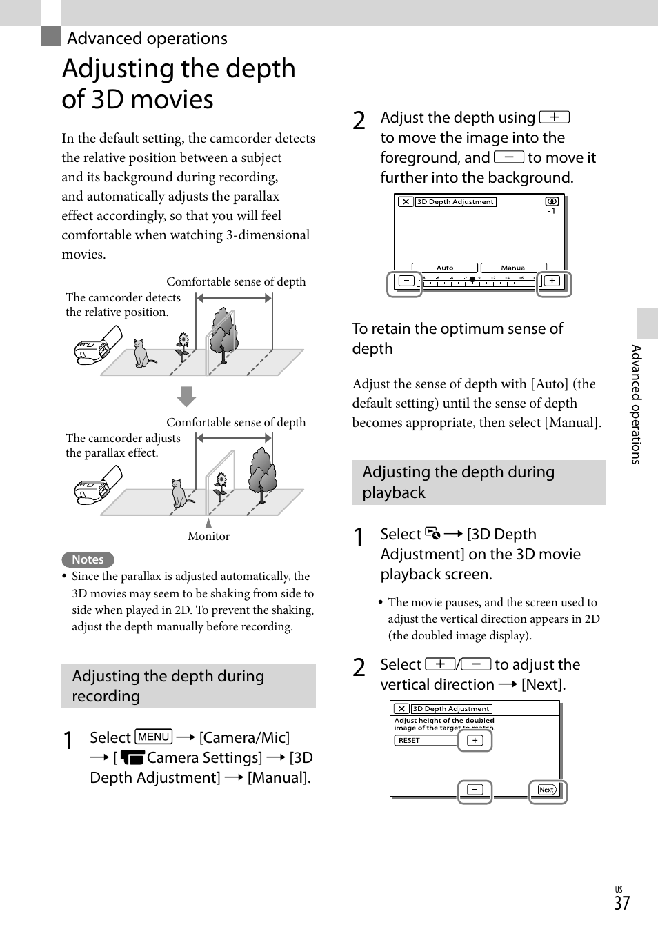 Advanced operations, Adjusting the depth of 3d movies, Adjusting the depth during recording | Adjusting the depth during playback | Sony HDR-TD30V User Manual | Page 37 / 84