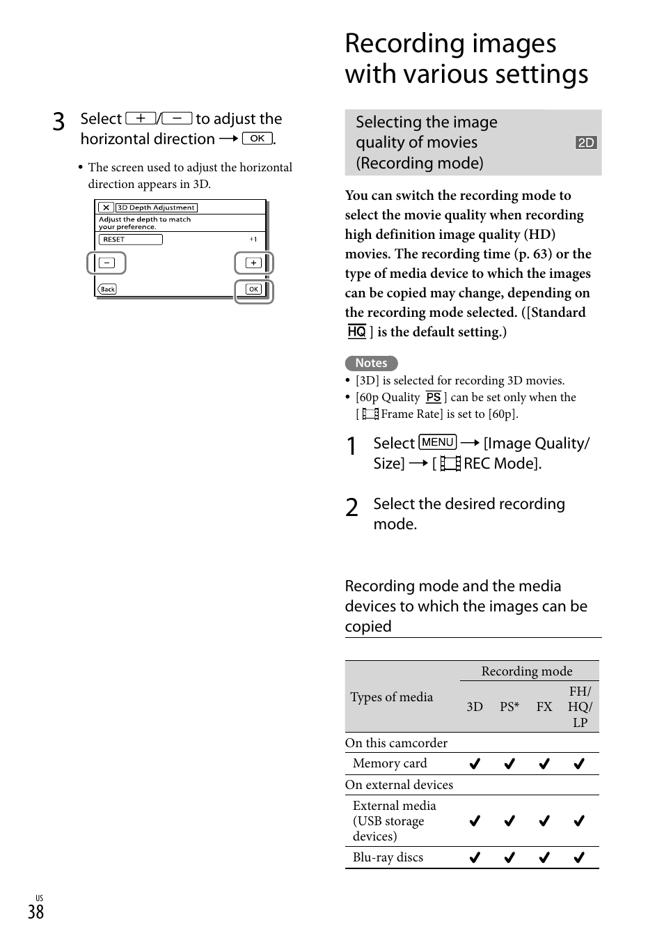 Recording images with various settings, Q/lp) (38) | Sony HDR-TD30V User Manual | Page 38 / 84