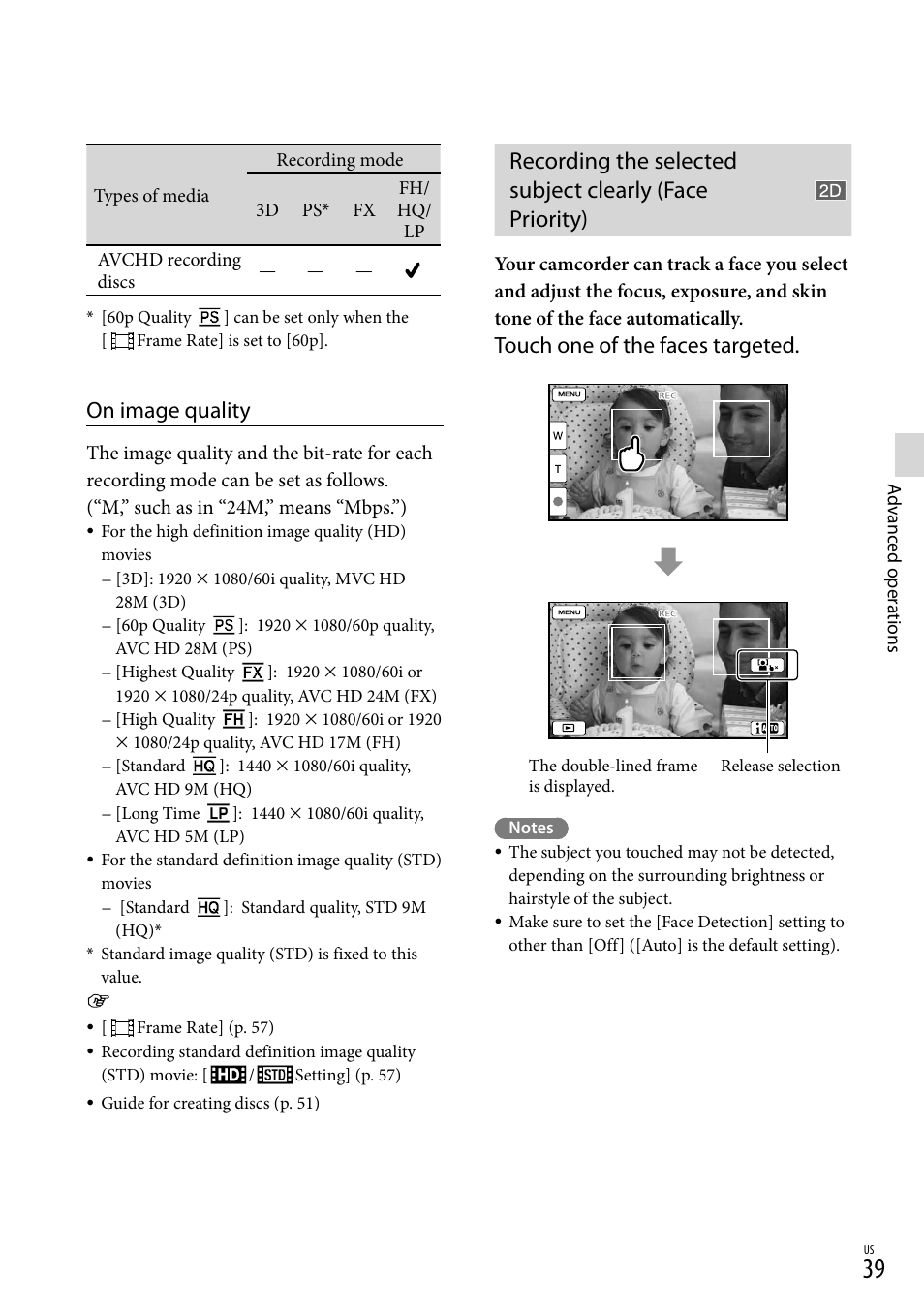 On image quality, Touch one of the faces targeted | Sony HDR-TD30V User Manual | Page 39 / 84