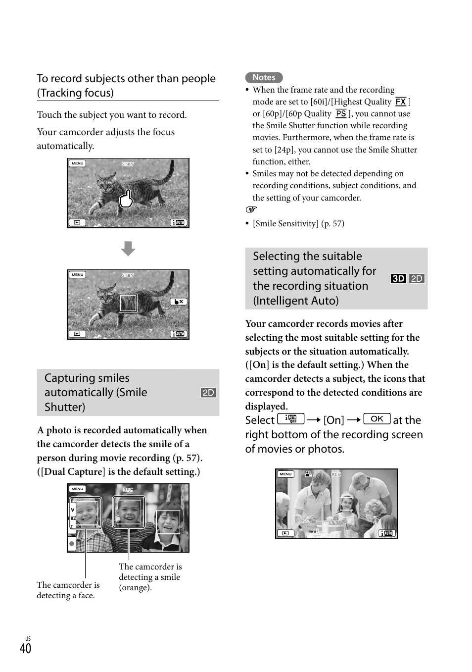 Capturing smiles automatically (smile shutter), Intelligent auto), O (40) | S (40), N (40) | Sony HDR-TD30V User Manual | Page 40 / 84