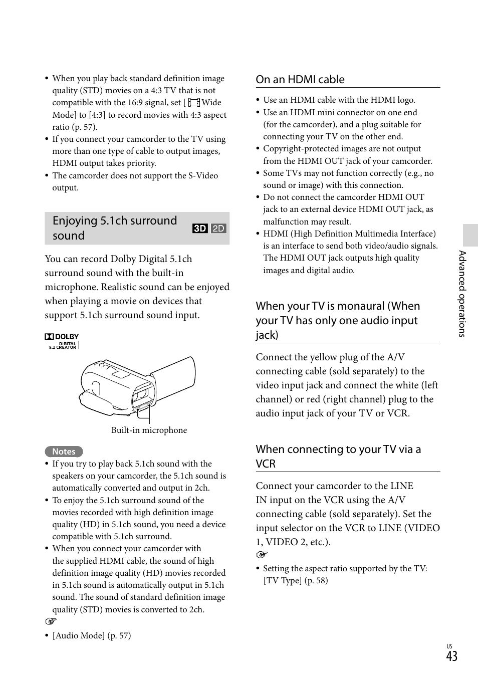 Enjoying 5.1ch surround sound, On an hdmi cable, When connecting to your tv via a vcr | Sony HDR-TD30V User Manual | Page 43 / 84