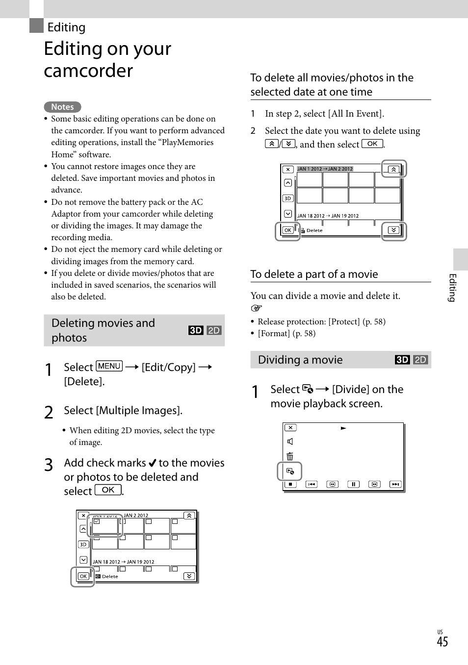 Editing, Editing on your camcorder, Deleting movies and photos | Dividing a movie, Deleting movies and photos dividing a movie | Sony HDR-TD30V User Manual | Page 45 / 84