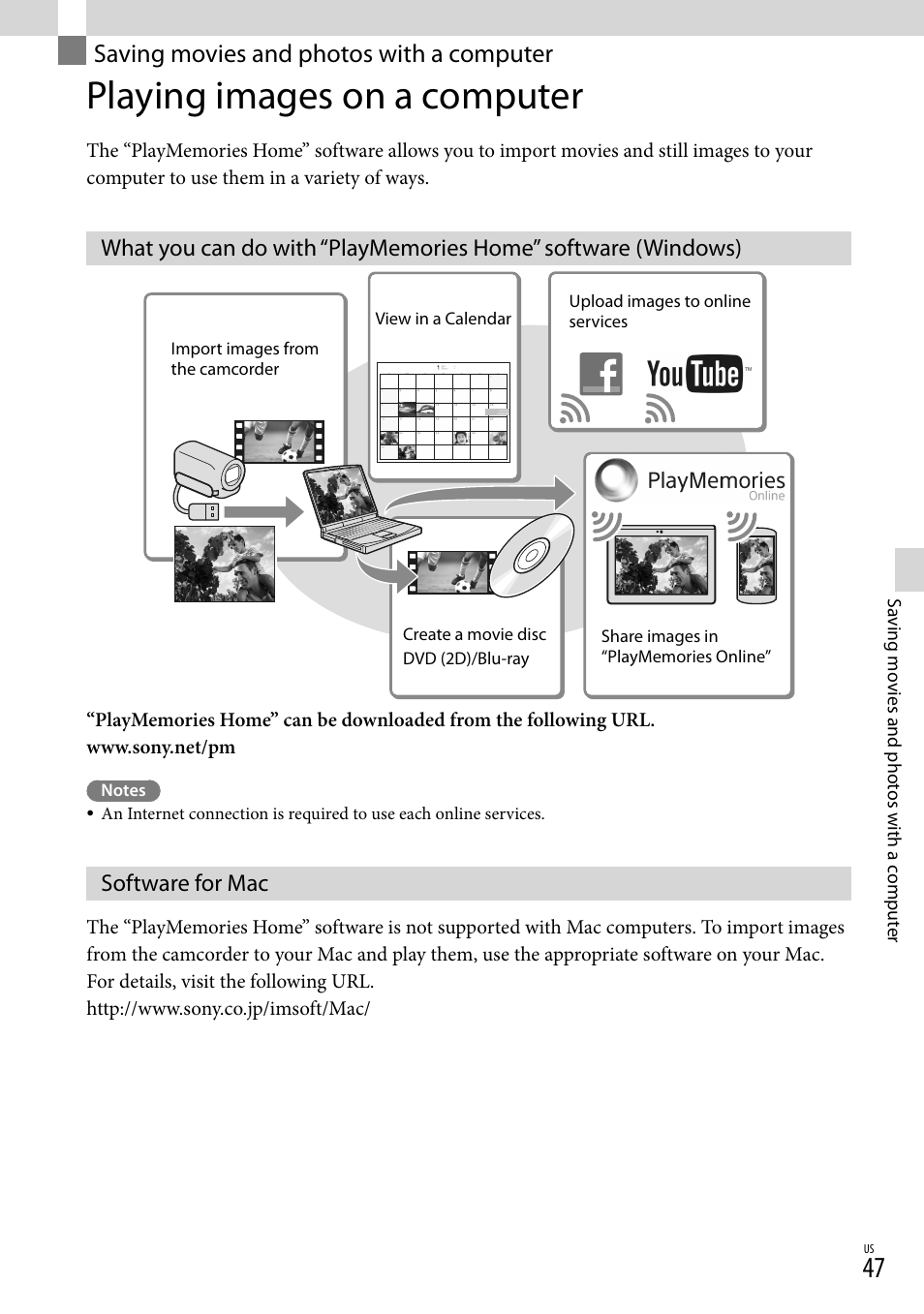 Saving movies and photos with a computer, Playing images on a computer, Software for mac | Saving movies and photos, With a computer | Sony HDR-TD30V User Manual | Page 47 / 84