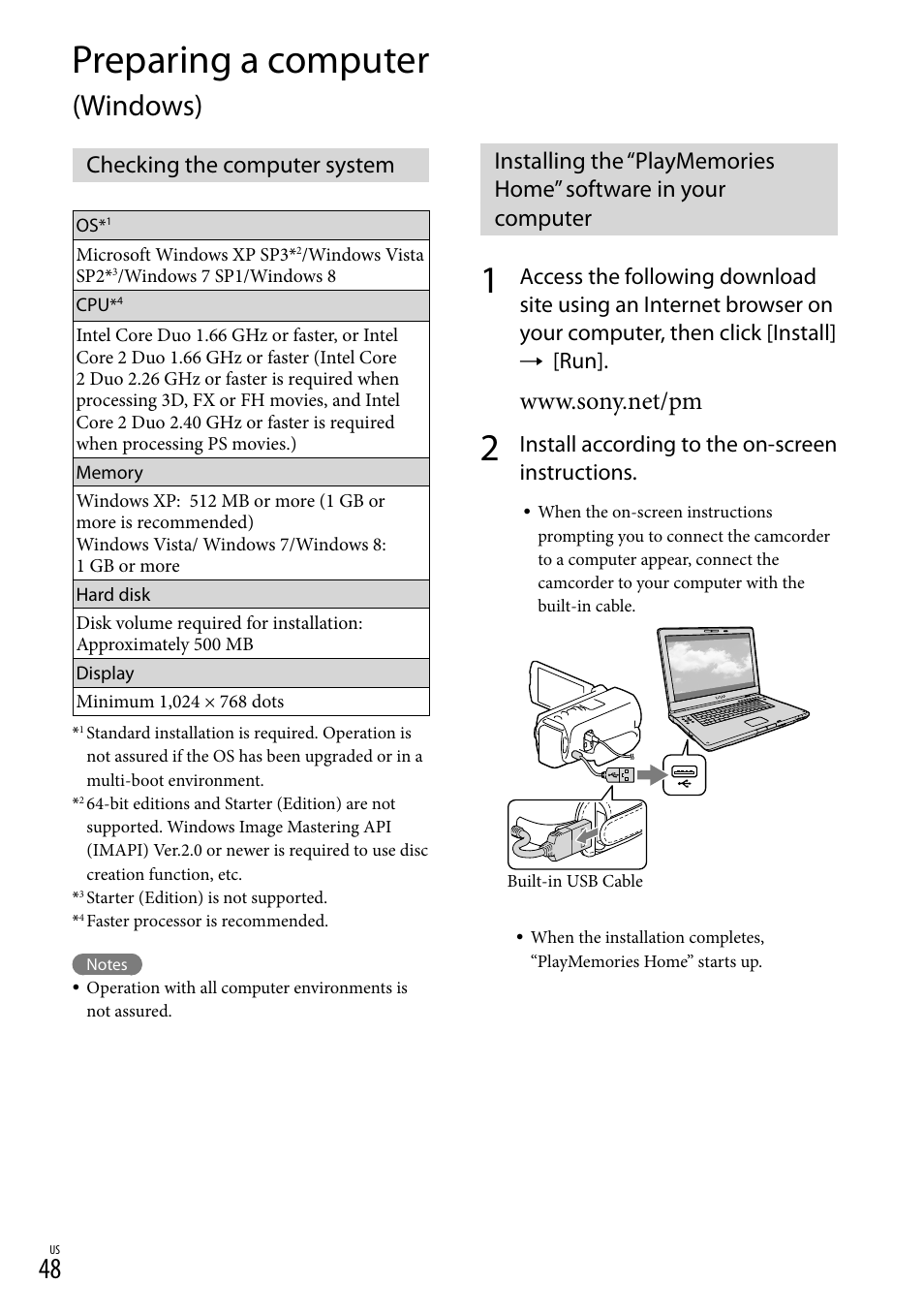 Preparing a computer (windows), Checking the computer system, Preparing a computer | Windows), Install according to the on-screen instructions | Sony HDR-TD30V User Manual | Page 48 / 84
