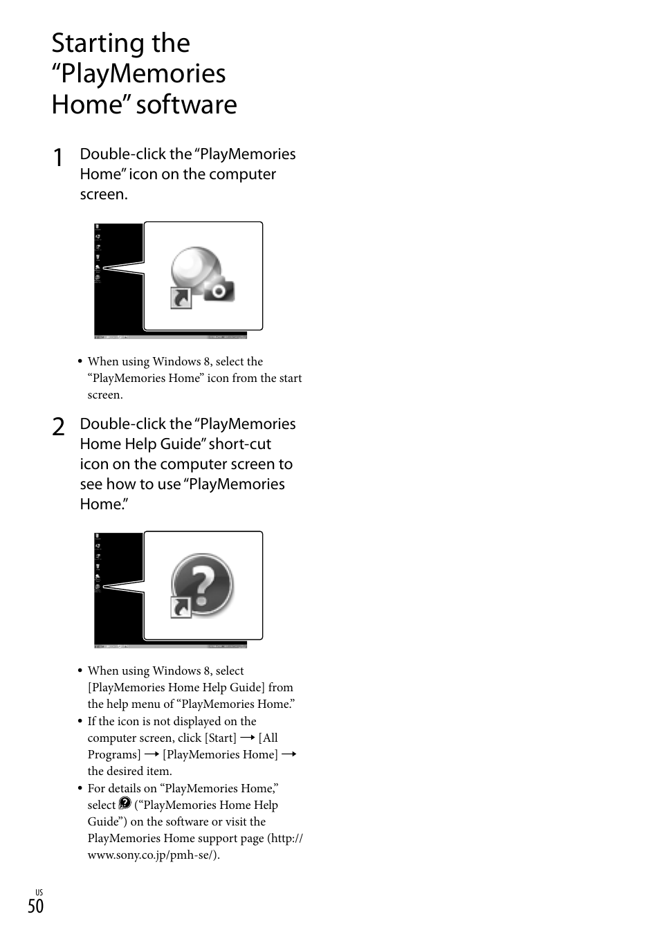 Starting the “playmemories home” software | Sony HDR-TD30V User Manual | Page 50 / 84