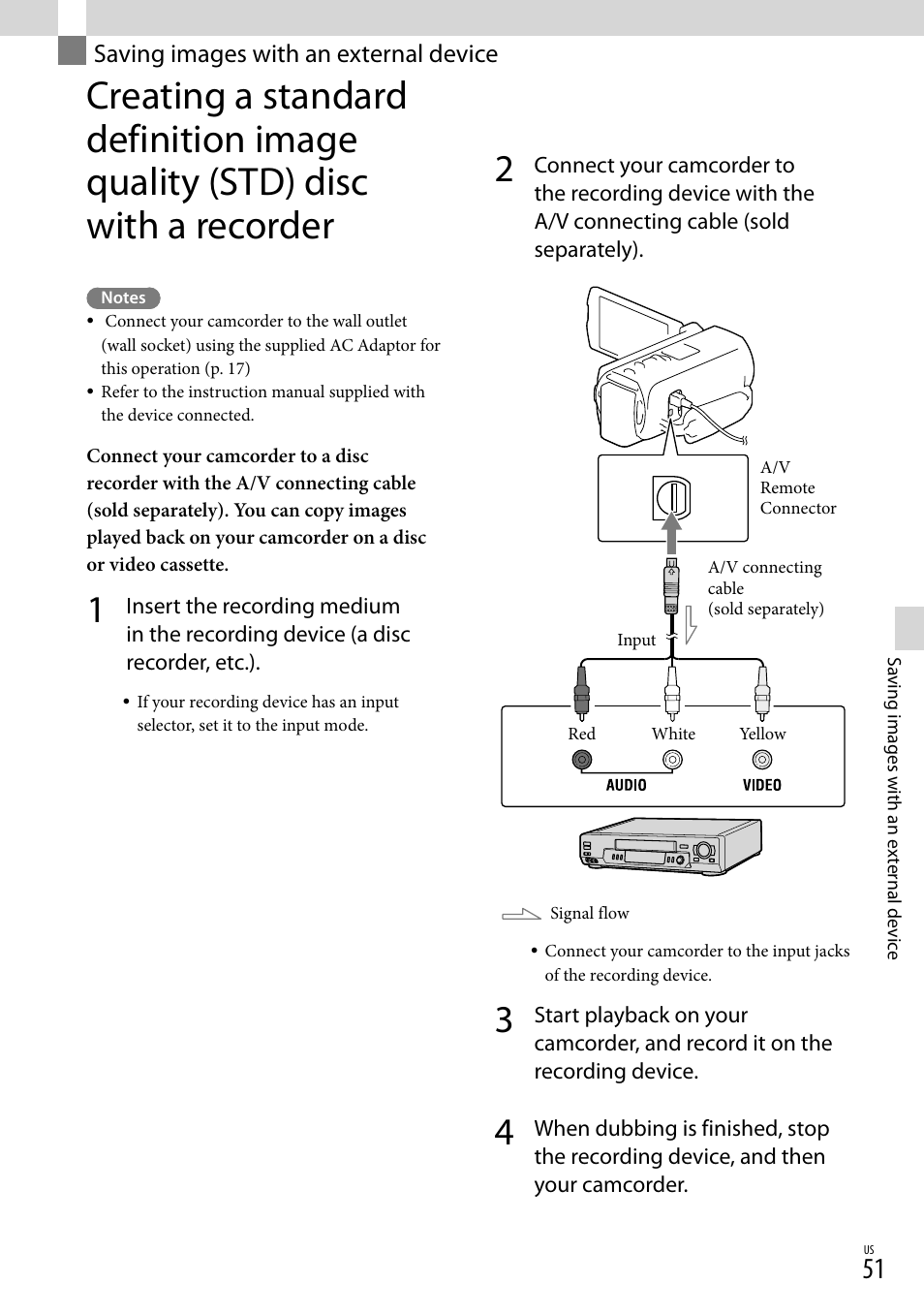 Saving images with an external device, Saving images with an, External device | Or (51) | Sony HDR-TD30V User Manual | Page 51 / 84