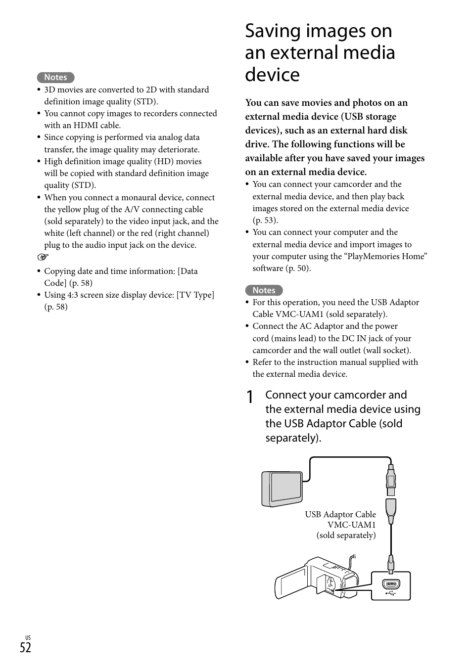 Saving images on an external media device, Usb) jack (52) | Sony HDR-TD30V User Manual | Page 52 / 84