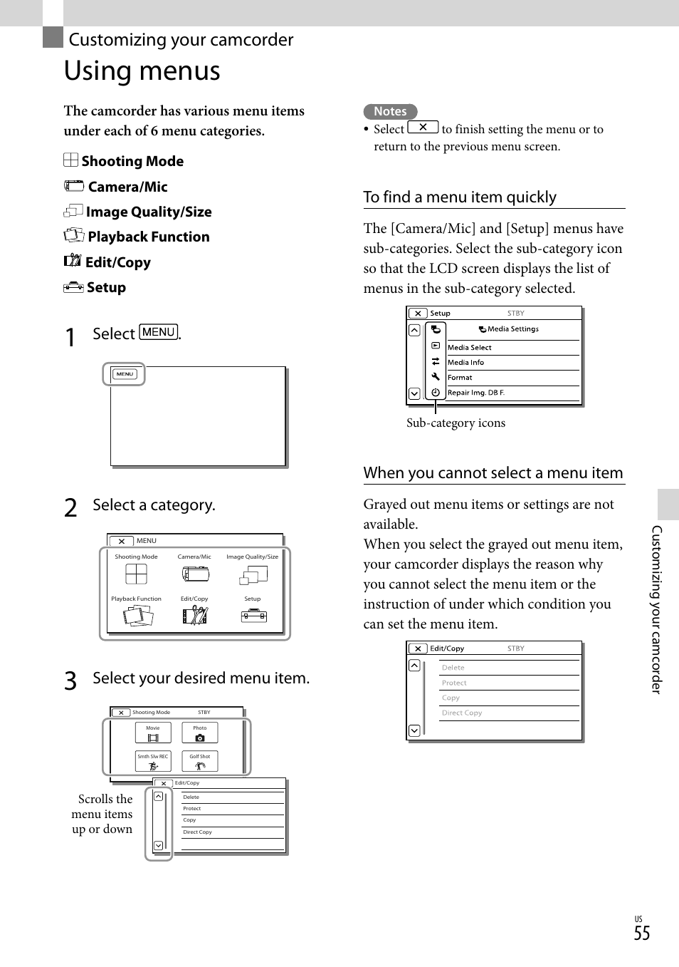 Customizing your camcorder, Using menus, N (55) | Select, Select a category, Select your desired menu item, When you cannot select a menu item | Sony HDR-TD30V User Manual | Page 55 / 84