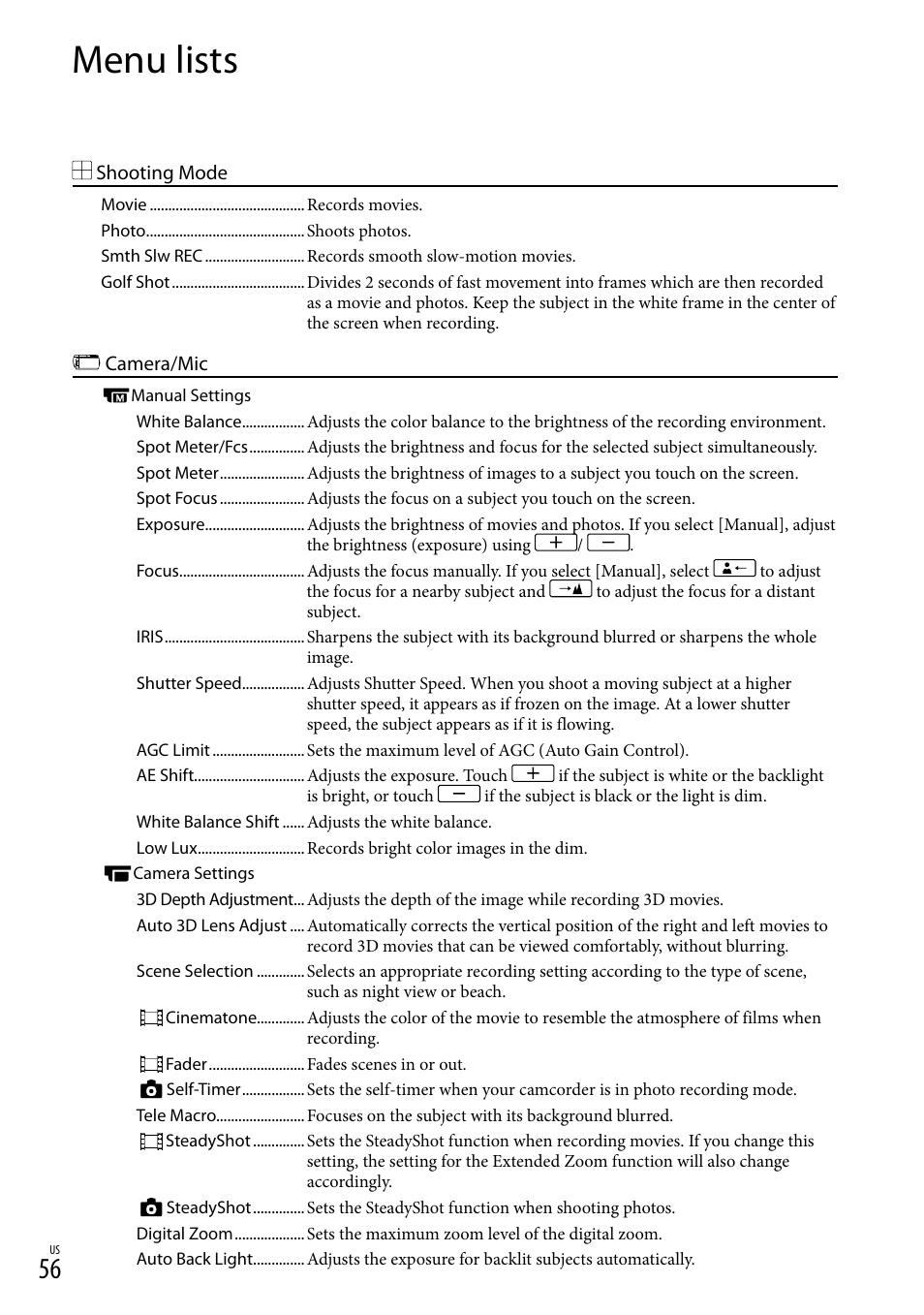 Menu lists | Sony HDR-TD30V User Manual | Page 56 / 84