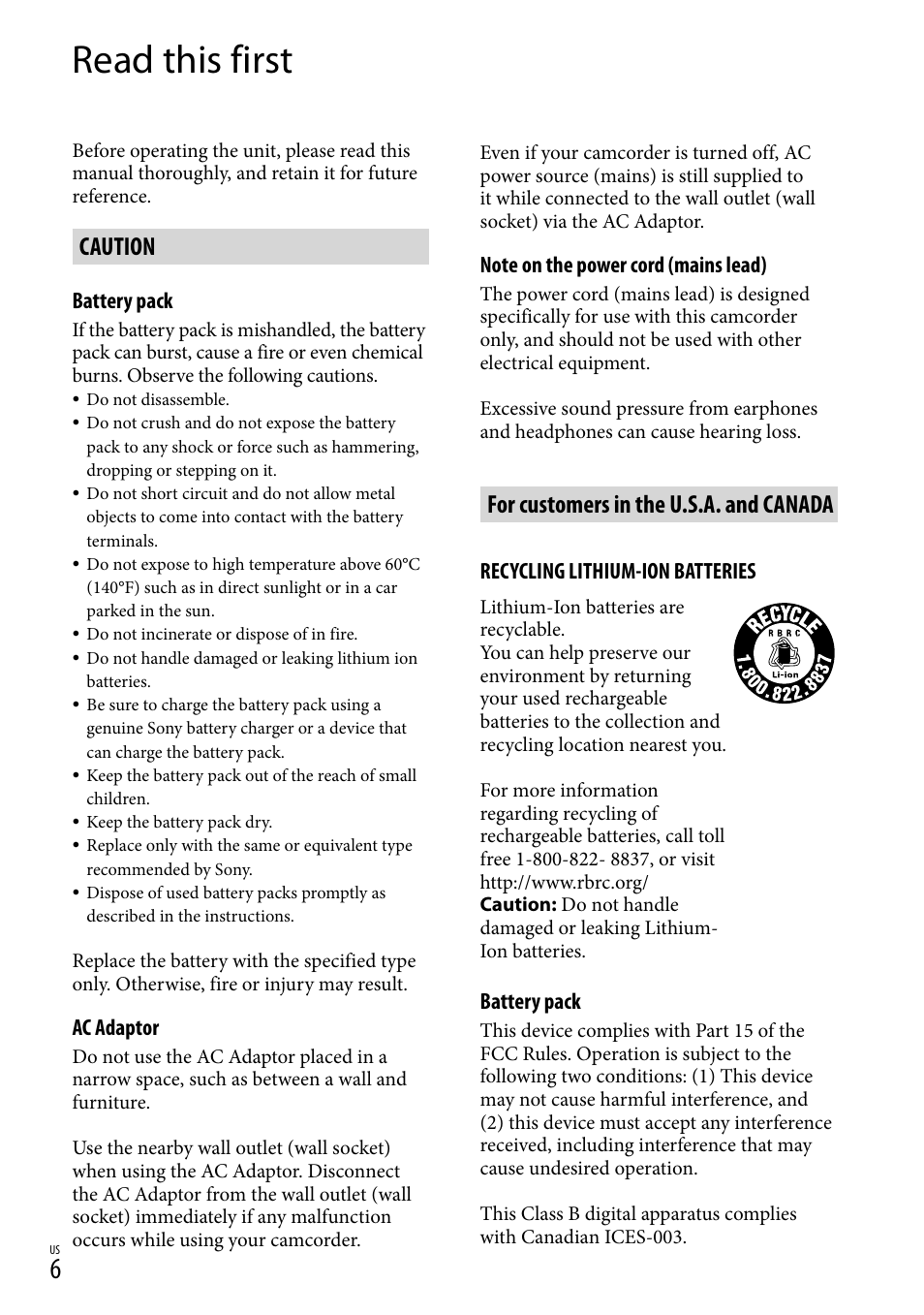 Read this first, Caution, For customers in the u.s.a. and canada | Sony HDR-TD30V User Manual | Page 6 / 84