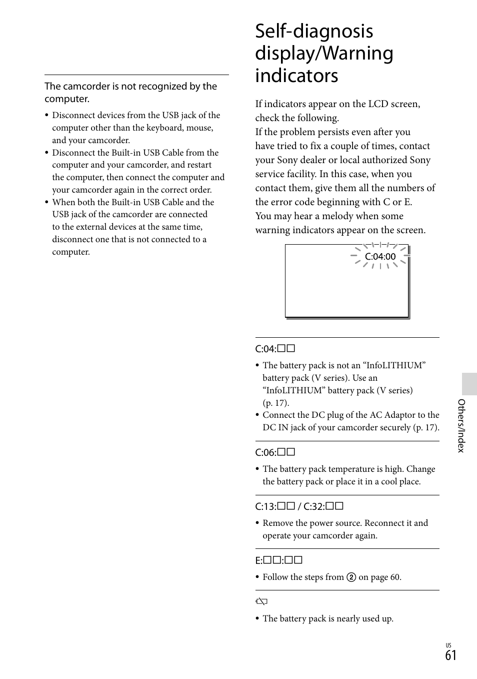 Self-diagnosis display/warning indicators | Sony HDR-TD30V User Manual | Page 61 / 84