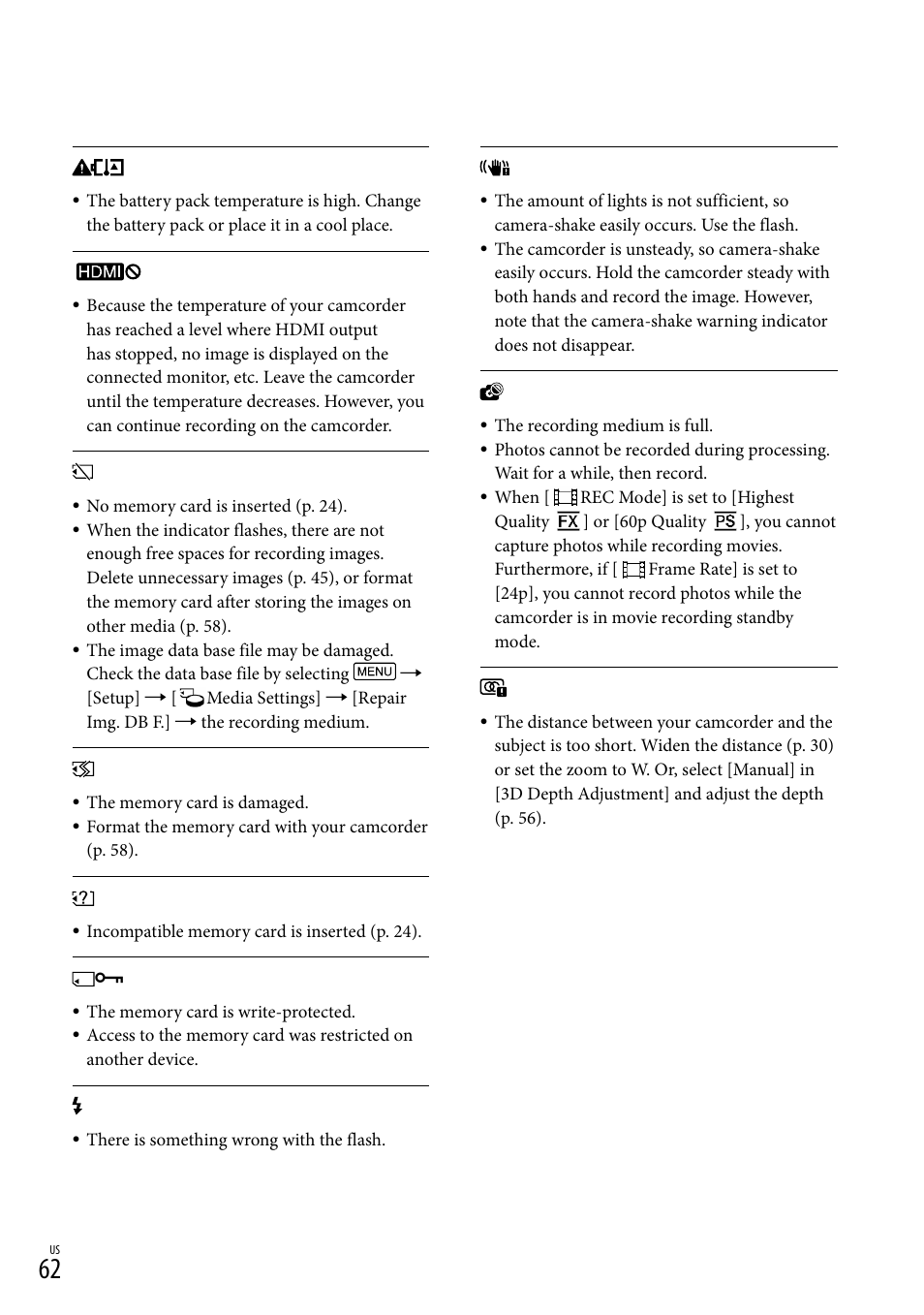 62), and | Sony HDR-TD30V User Manual | Page 62 / 84