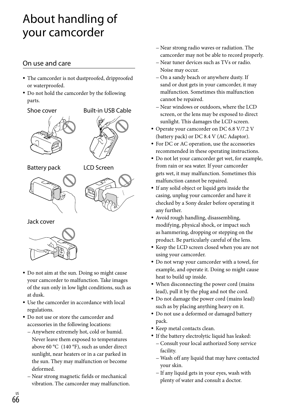 About handling of your camcorder, On use and care | Sony HDR-TD30V User Manual | Page 66 / 84