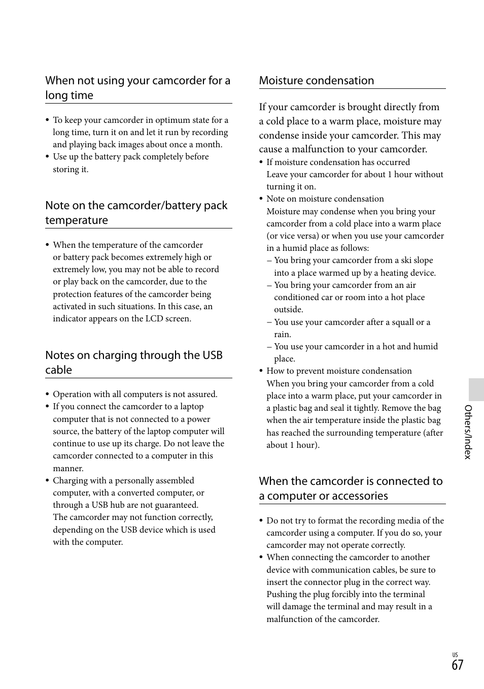 When not using your camcorder for a long time, Moisture condensation | Sony HDR-TD30V User Manual | Page 67 / 84