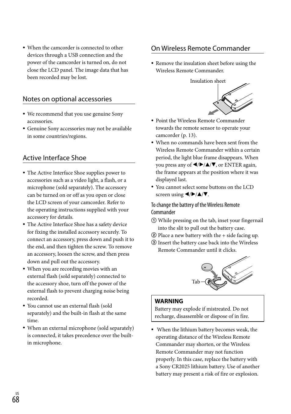 Active interface shoe, On wireless remote commander, Warning | Sony HDR-TD30V User Manual | Page 68 / 84