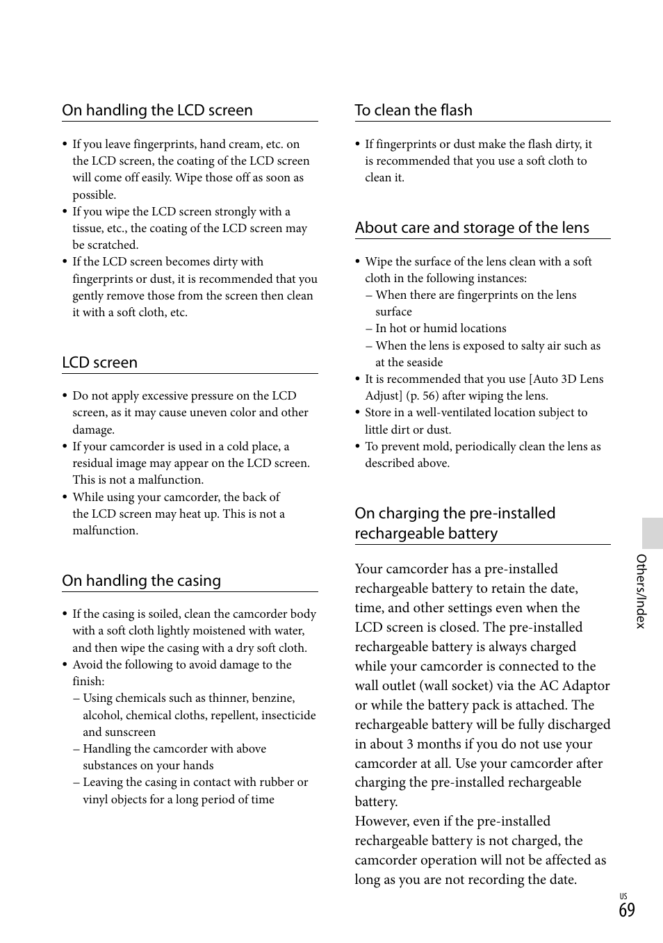 On handling the lcd screen, Lcd screen, On handling the casing | About care and storage of the lens, On charging the pre-installed rechargeable battery | Sony HDR-TD30V User Manual | Page 69 / 84