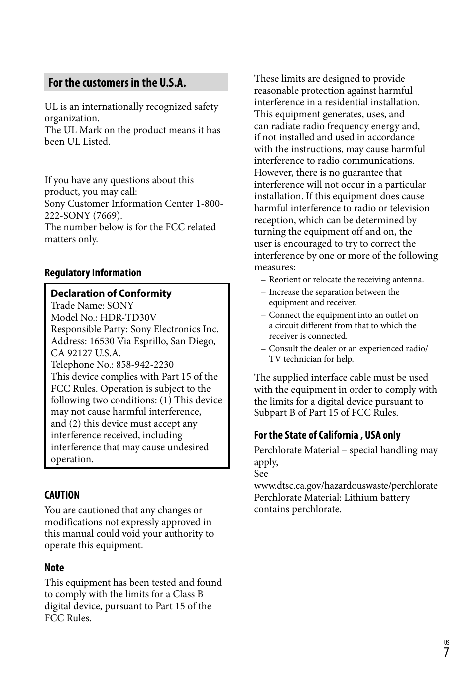 For the customers in the u.s.a | Sony HDR-TD30V User Manual | Page 7 / 84