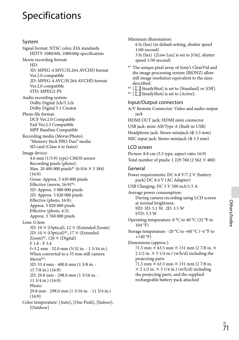 Specifications | Sony HDR-TD30V User Manual | Page 71 / 84