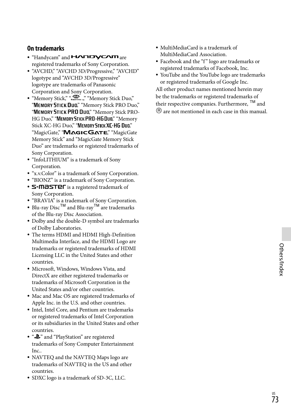 On trademarks | Sony HDR-TD30V User Manual | Page 73 / 84