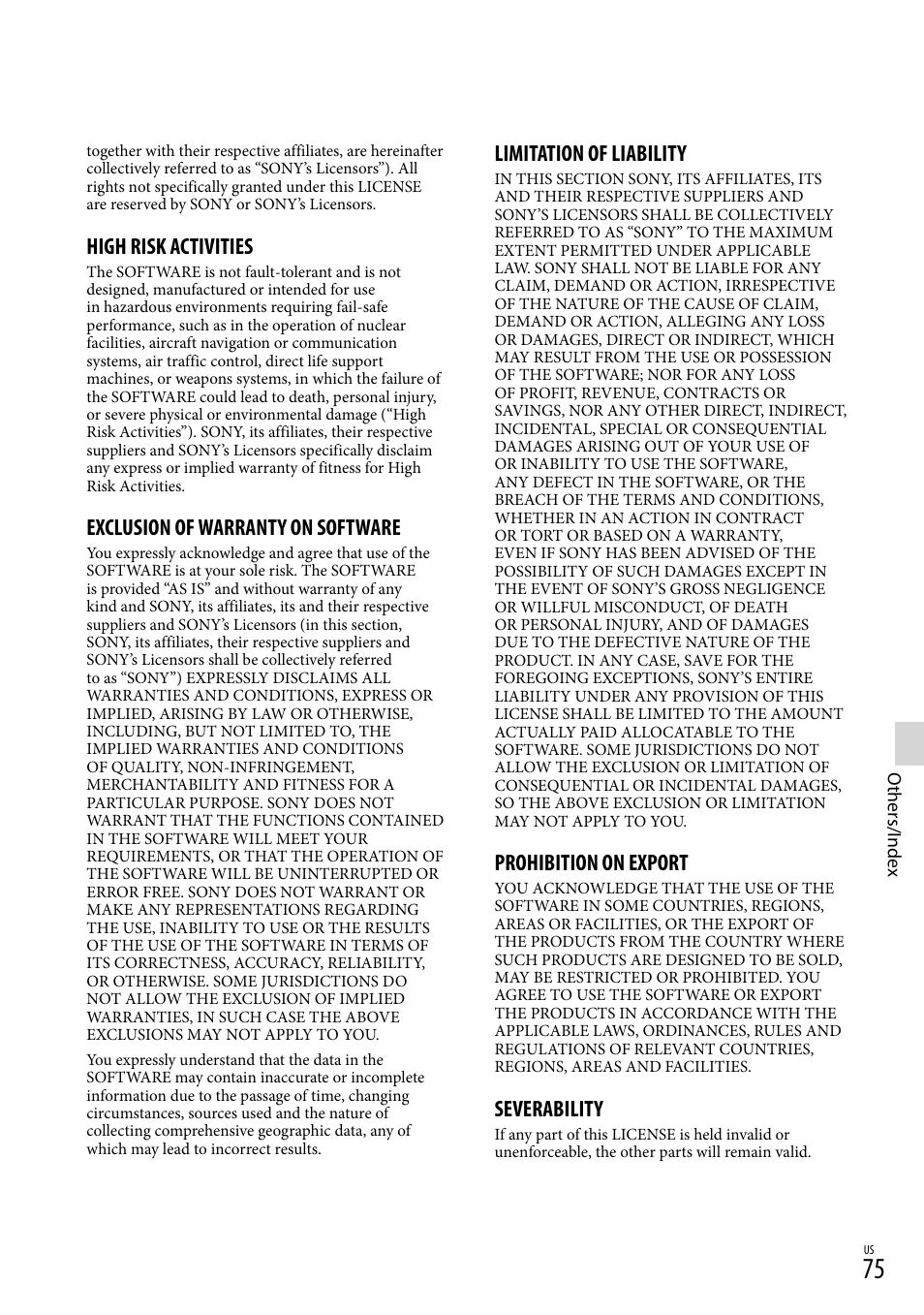 High risk activities, Exclusion of warranty on software, Limitation of liability | Prohibition on export, Severability | Sony HDR-TD30V User Manual | Page 75 / 84