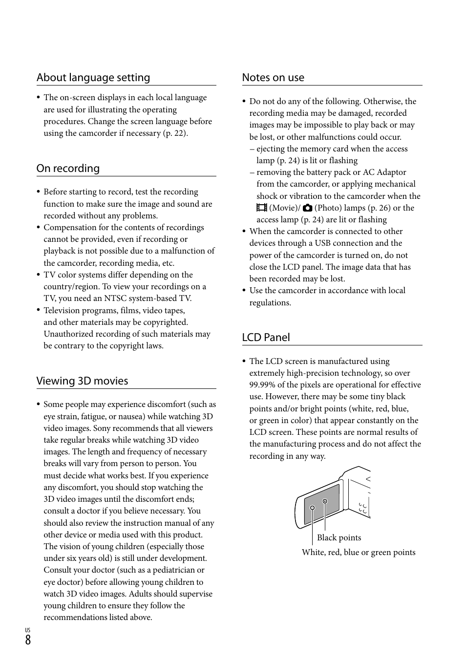 About language setting, On recording, Viewing 3d movies | Lcd panel | Sony HDR-TD30V User Manual | Page 8 / 84