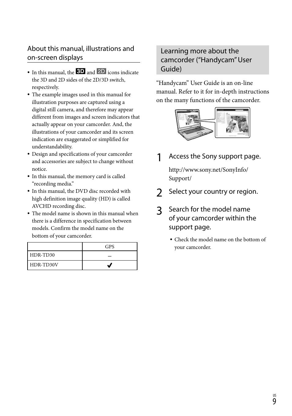 Access the sony support page, Select your country or region | Sony HDR-TD30V User Manual | Page 9 / 84
