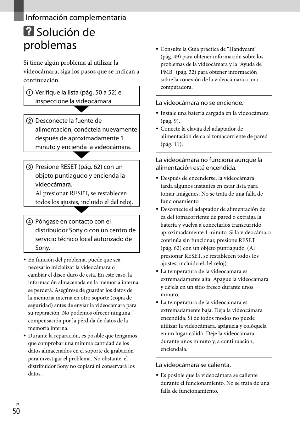 Información complementaria, Solución de problemas | Sony DCR-SX45 User Manual | Page 114 / 131