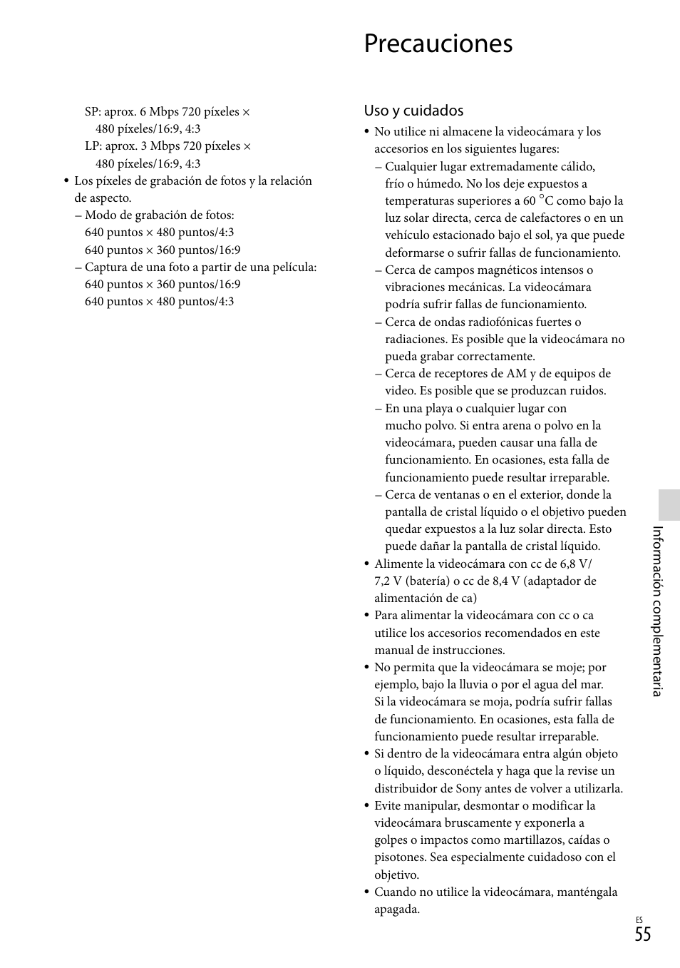 Precauciones, Uso y cuidados | Sony DCR-SX45 User Manual | Page 119 / 131