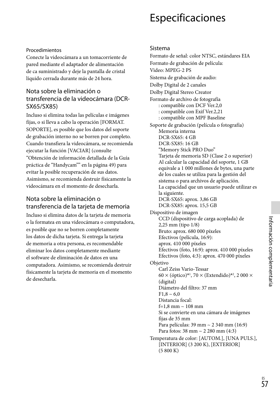 Especificaciones | Sony DCR-SX45 User Manual | Page 121 / 131