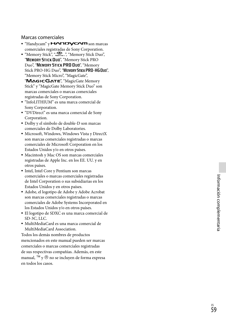 Marcas comerciales | Sony DCR-SX45 User Manual | Page 123 / 131