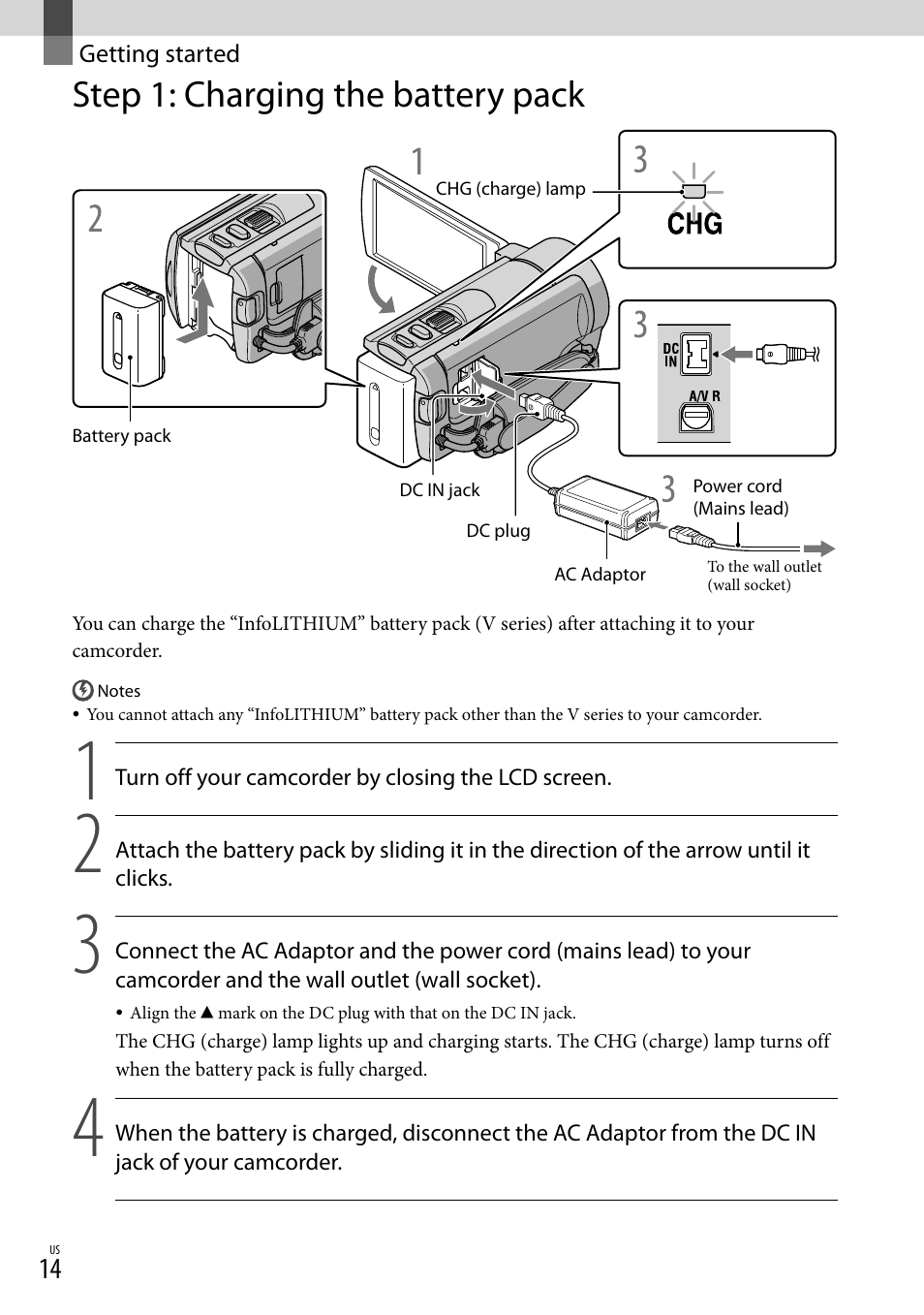 Getting started, Step 1: charging the battery pack | Sony DCR-SX45 User Manual | Page 14 / 131