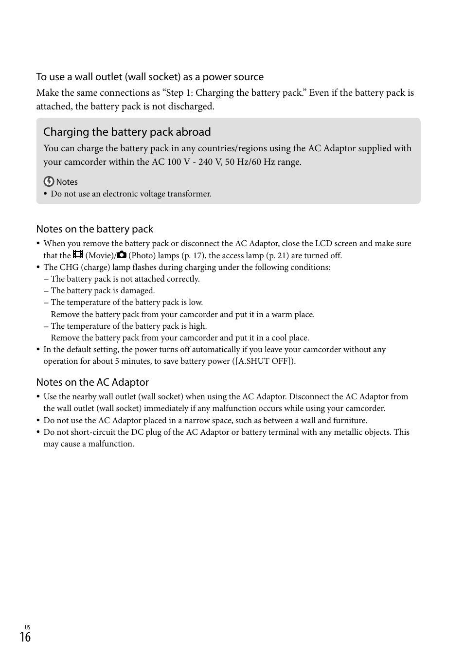 Charging the battery pack abroad | Sony DCR-SX45 User Manual | Page 16 / 131