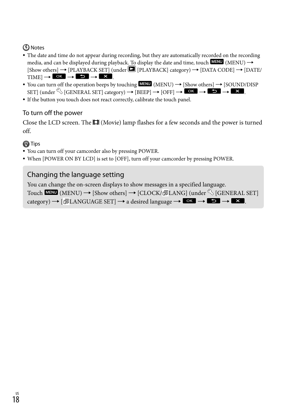 Changing the language setting | Sony DCR-SX45 User Manual | Page 18 / 131