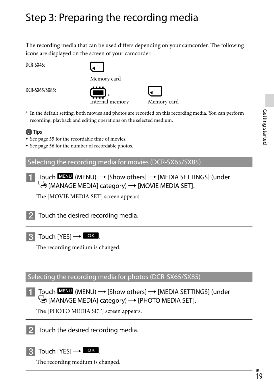 Step 3: preparing the recording media | Sony DCR-SX45 User Manual | Page 19 / 131