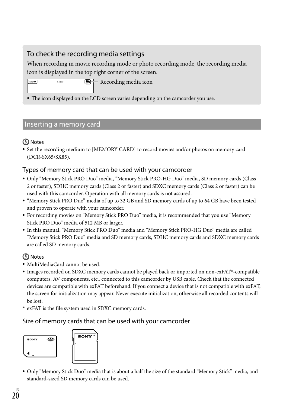 To check the recording media settings, E 20 f | Sony DCR-SX45 User Manual | Page 20 / 131