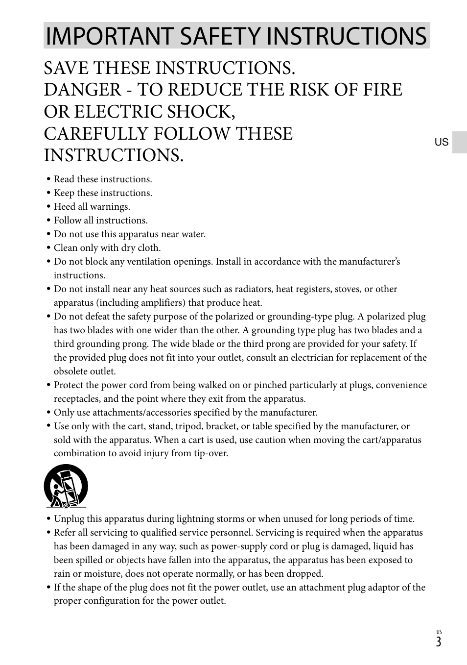 Important safety instructions, Carefully follow these instructions | Sony DCR-SX45 User Manual | Page 3 / 131