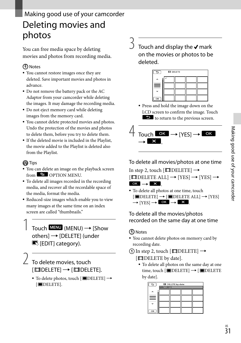 Making good use of your camcorder, Deleting movies and photos | Sony DCR-SX45 User Manual | Page 31 / 131