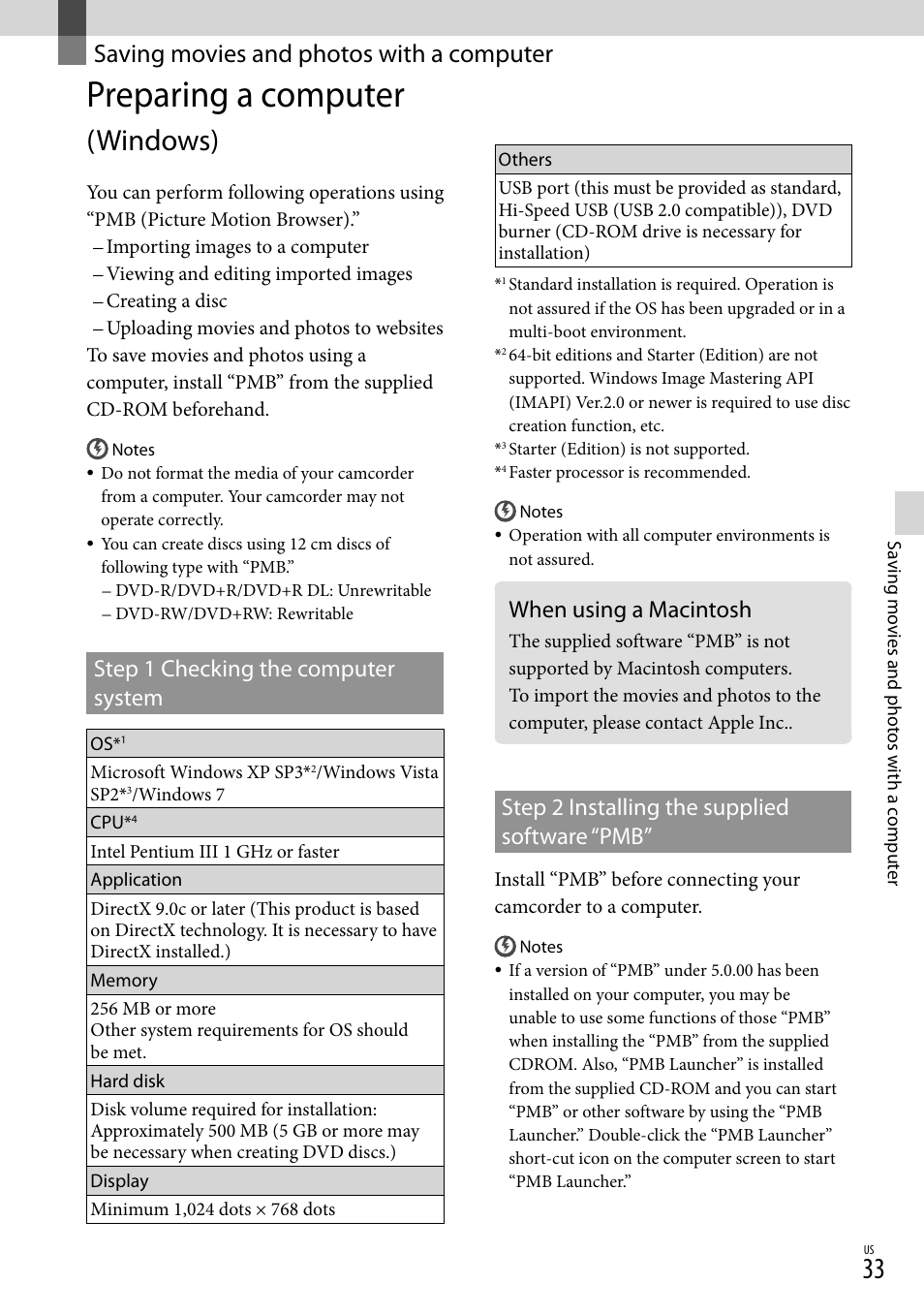 Saving movies and photos with a computer, Preparing a computer (windows), When using a macintosh | Preparing a computer, Windows), Step 1 checking the computer system, Step 2 installing the supplied software “pmb | Sony DCR-SX45 User Manual | Page 33 / 131