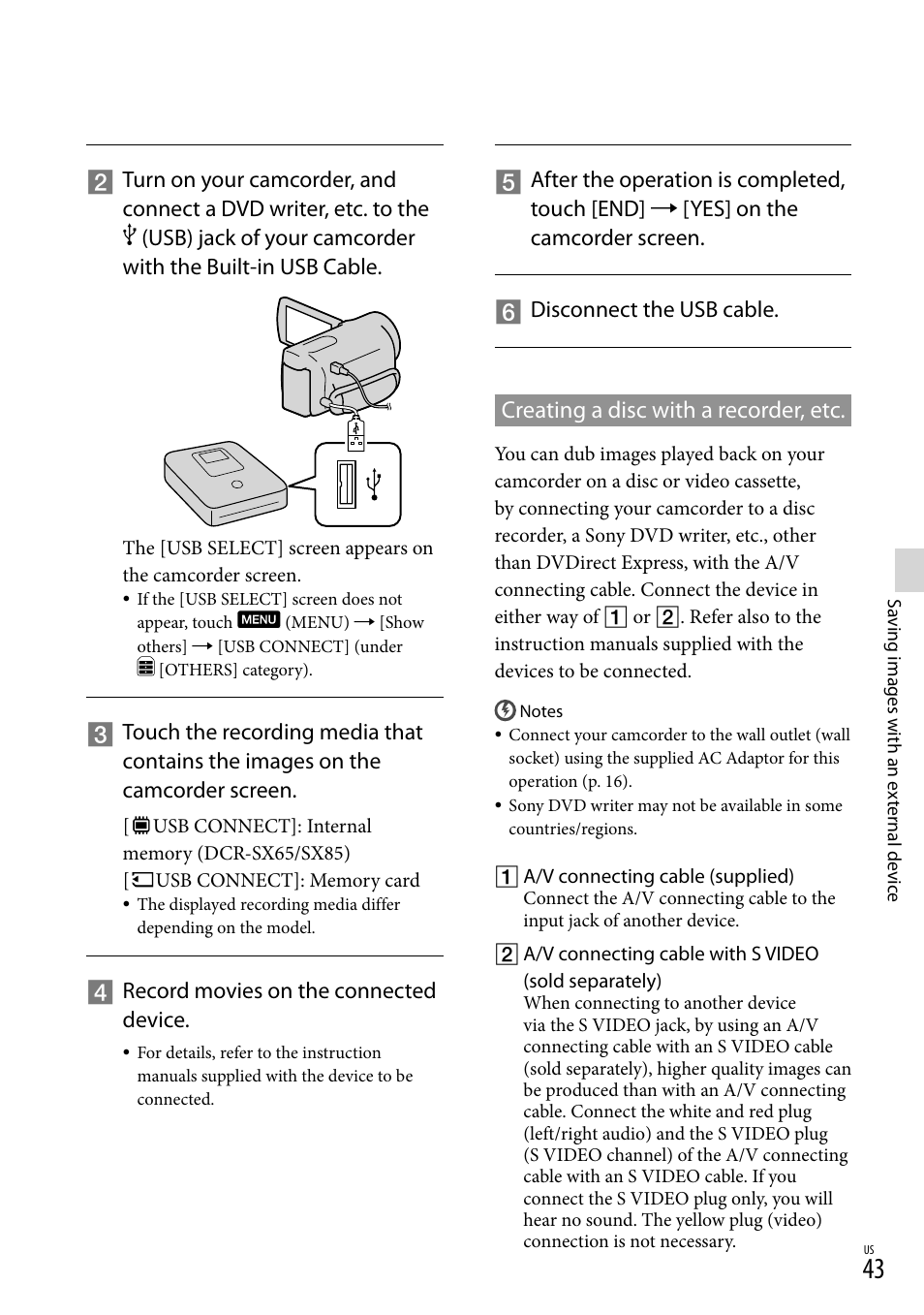 Creating a disc with a recorder, etc | Sony DCR-SX45 User Manual | Page 43 / 131