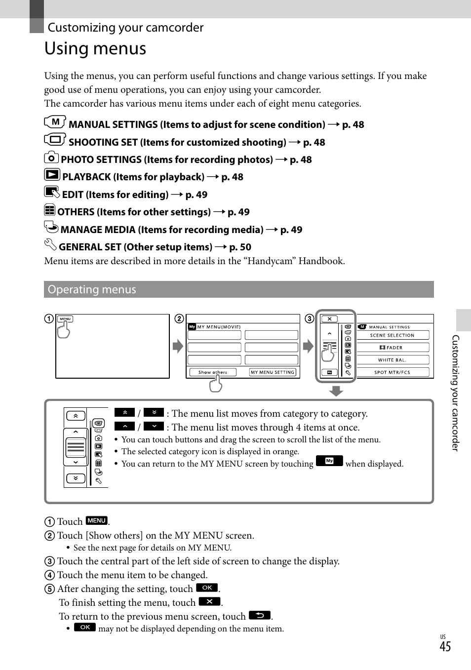 Customizing your camcorder, Using menus, Operating menus | Sony DCR-SX45 User Manual | Page 45 / 131