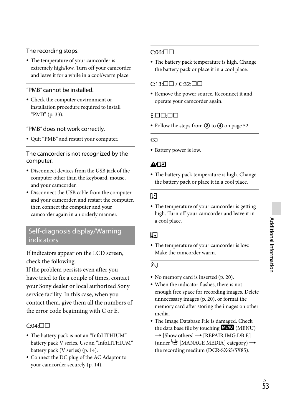 Self-diagnosis display/warning indicators | Sony DCR-SX45 User Manual | Page 53 / 131