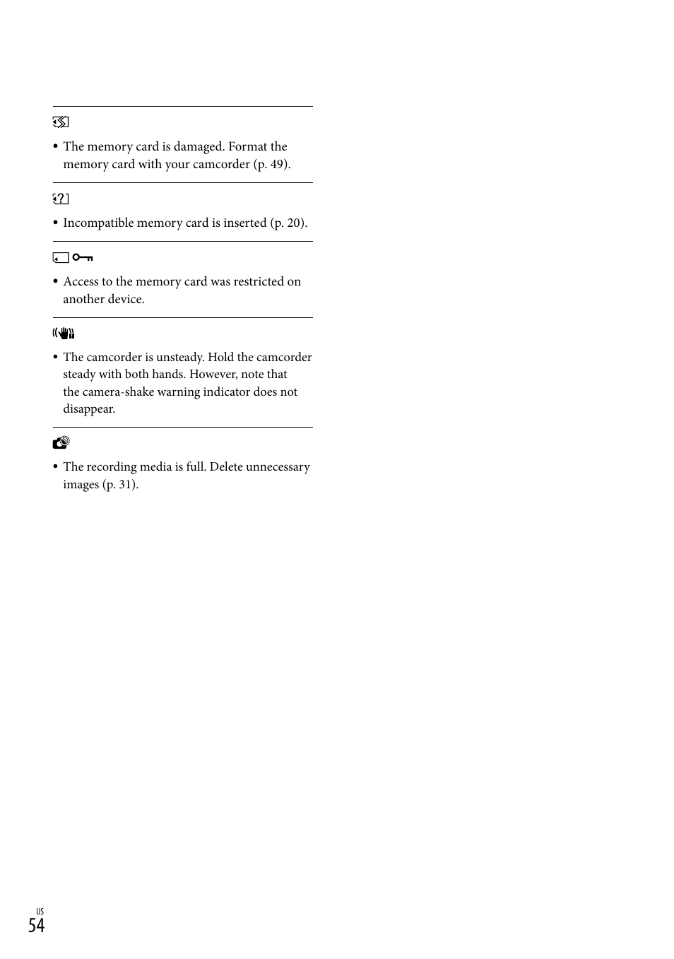 O 54), and | Sony DCR-SX45 User Manual | Page 54 / 131