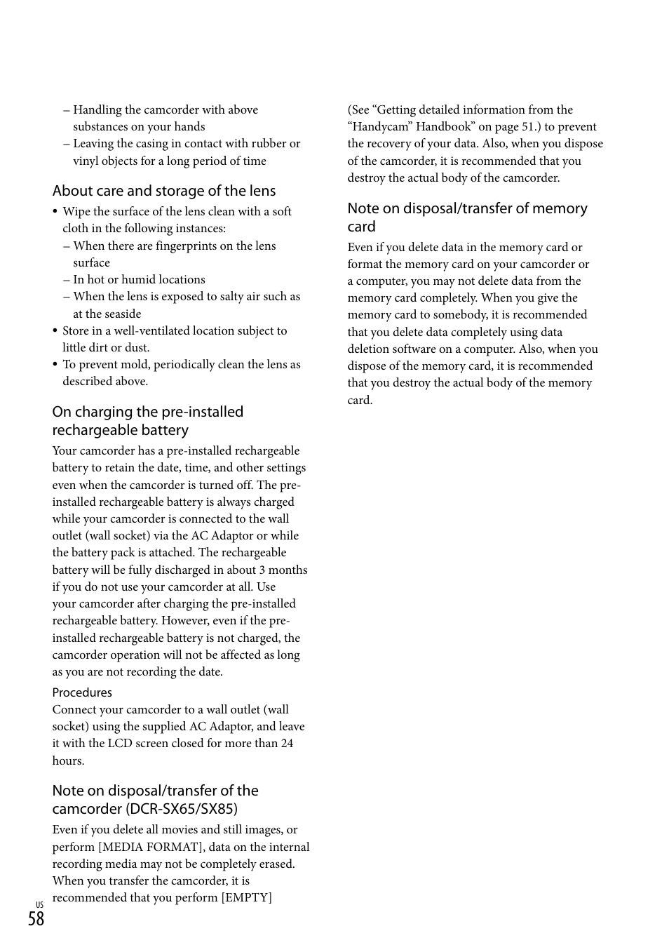 About care and storage of the lens, On charging the pre-installed rechargeable battery | Sony DCR-SX45 User Manual | Page 58 / 131