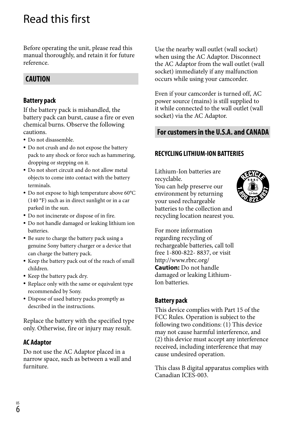 Read this first, Caution, For customers in the u.s.a. and canada | Sony DCR-SX45 User Manual | Page 6 / 131