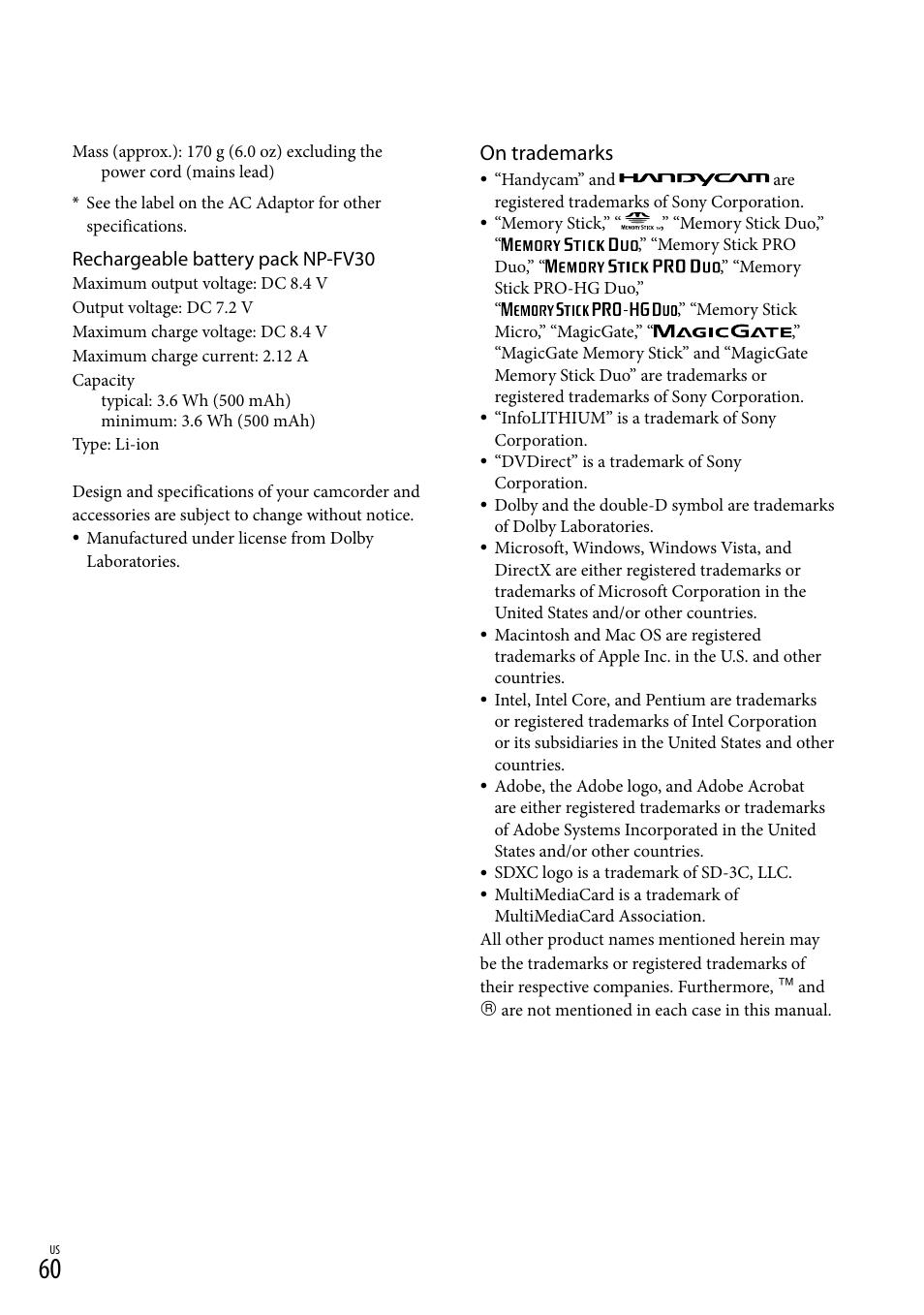 On trademarks, Rechargeable battery pack np-fv30 | Sony DCR-SX45 User Manual | Page 60 / 131