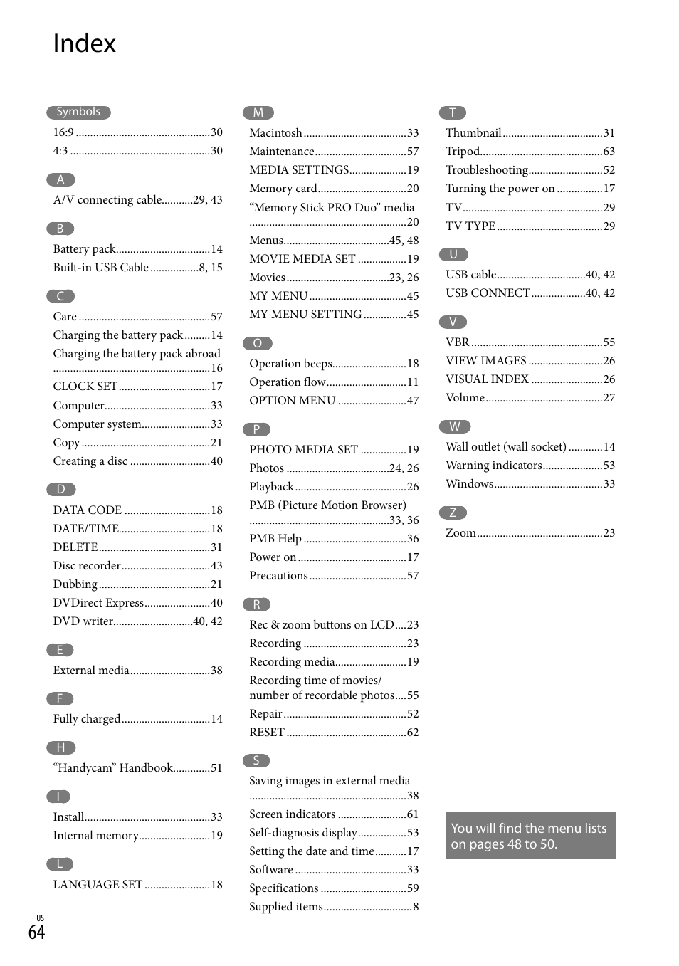 Index | Sony DCR-SX45 User Manual | Page 64 / 131