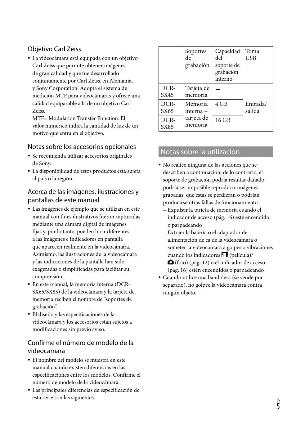 Notas sobre la utilización, Objetivo carl zeiss, Notas sobre los accesorios opcionales | Confirme el número de modelo de la videocámara | Sony DCR-SX45 User Manual | Page 69 / 131