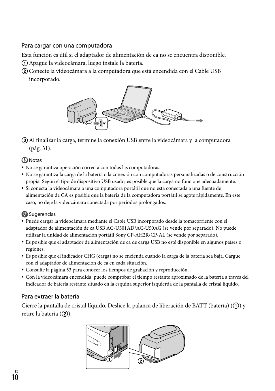 Para cargar con una computadora, Para extraer la batería | Sony DCR-SX45 User Manual | Page 74 / 131