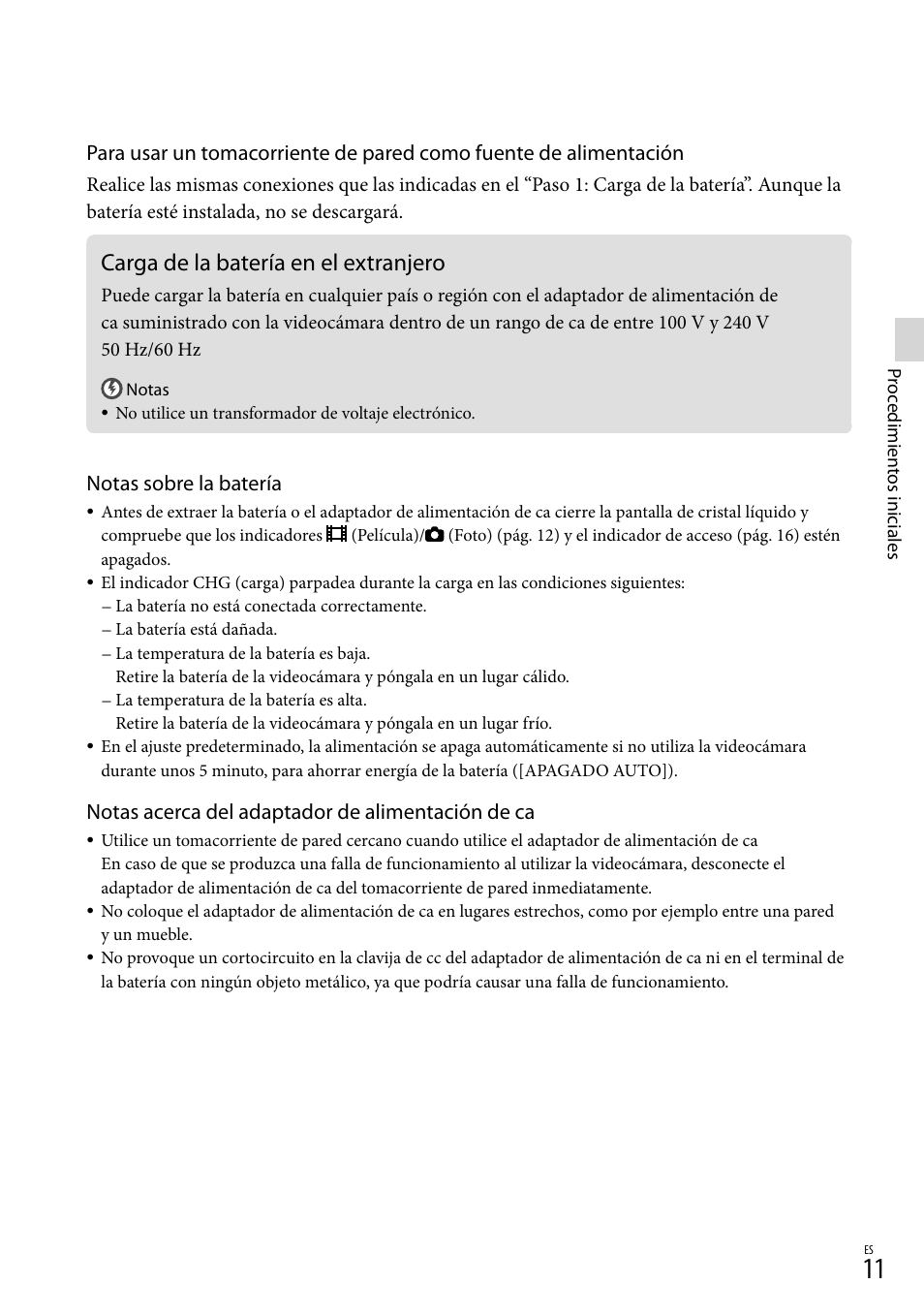 Carga de la batería en el extranjero, Notas sobre la batería, Notas acerca del adaptador de alimentación de ca | Sony DCR-SX45 User Manual | Page 75 / 131